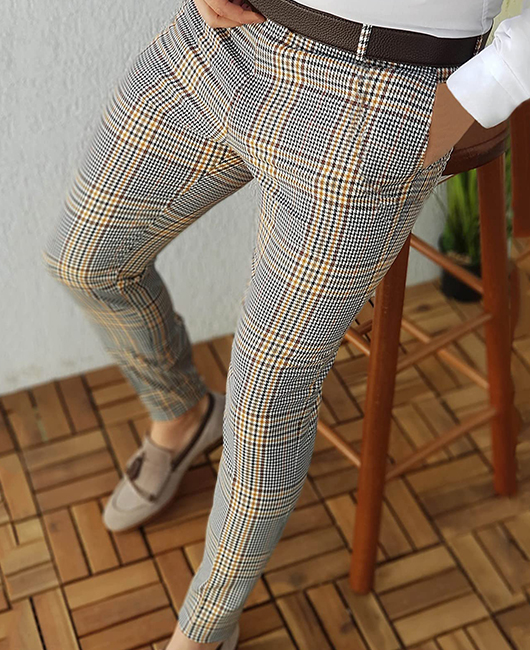 Casual Contrast Color Plaid Print Stretch Slim Fit Pants