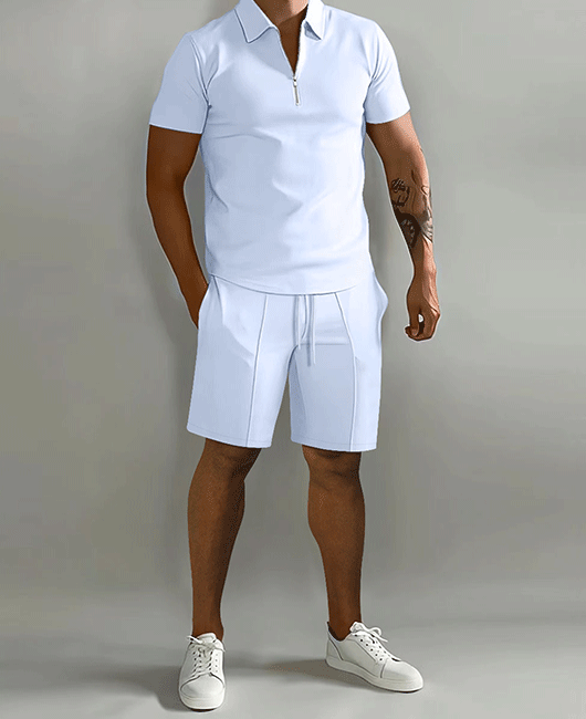 Basics Plain Half-Zipper Short Sleeve Polo Shirt & Shorts 2Pcs Set